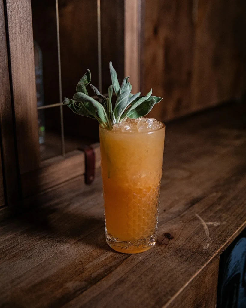Amber cocktail with crushed ice and green sage on dark wood.