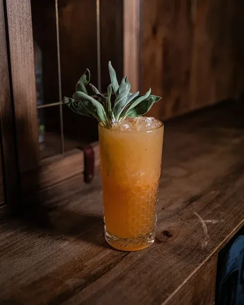 Amber cocktail with crushed ice and sage on a dark bar.