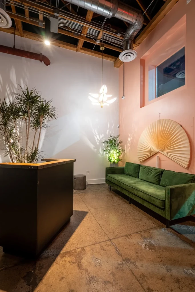 Modern lounge with green sofa, industrial ceiling, spiky plants, and unique chandelier.