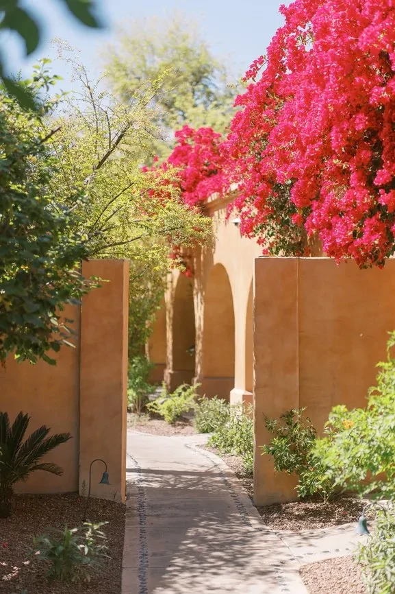 Stucco archways draped with magenta bougainvillea line a winding garden path.