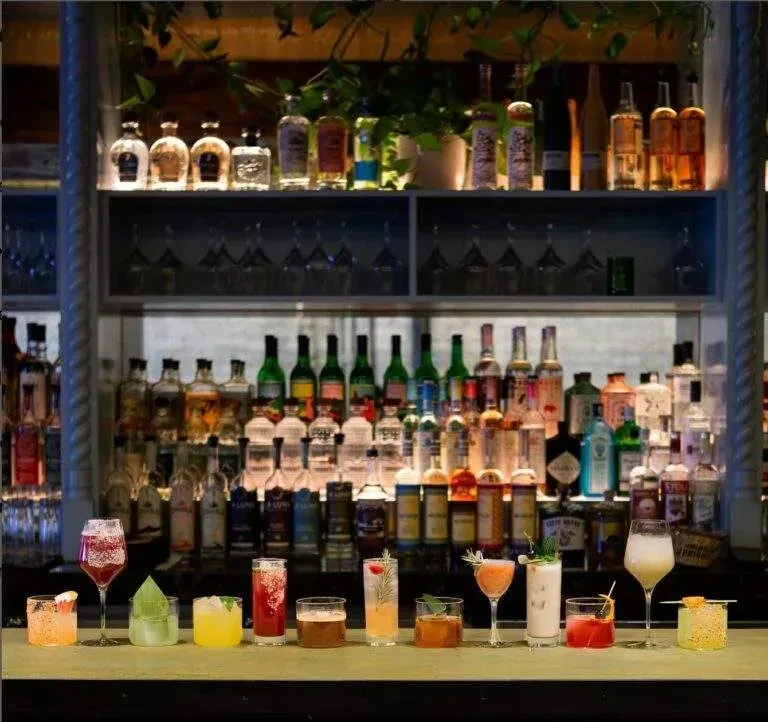 Ten colorful cocktails on a bar, surrounded by liquor bottles and plants.