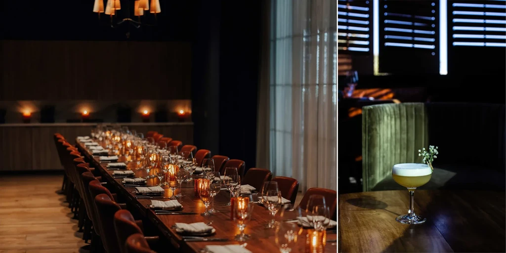Diptych: Elegant dining table and a cocktail in a luxurious setting.
