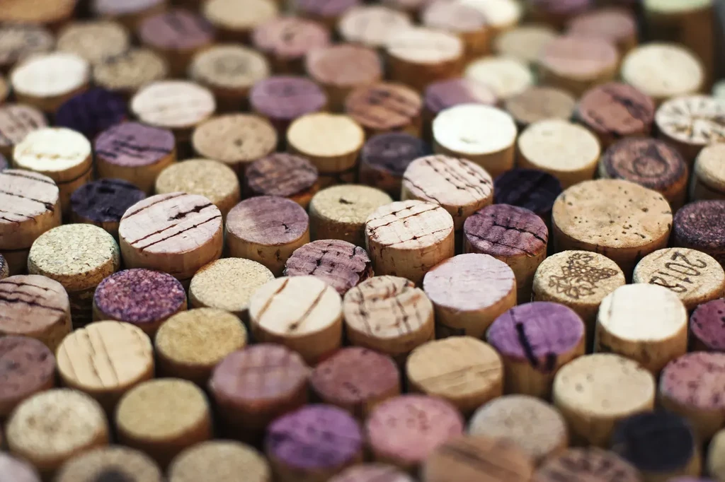 Tightly packed used wine corks, many with wine stains and markings.