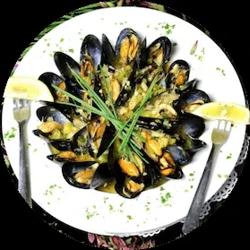 Plate of steamed mussels with creamy sauce, lemon, and green herbs.