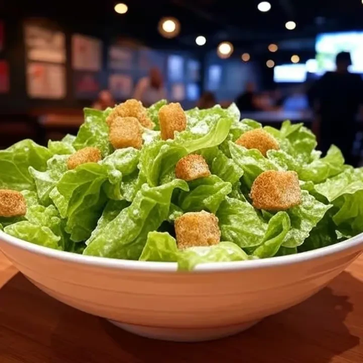 Caesar salad with creamy dressing, croutons, blurred restaurant background.