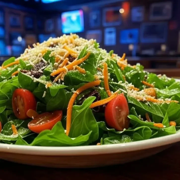 Fresh salad with greens, tomatoes, carrots, cheese, on white plate.