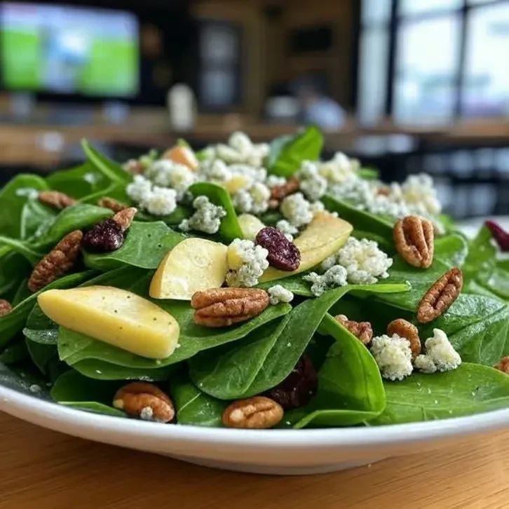 Close-up of a fresh spinach salad with blue cheese, pecans, cranberries, apples.