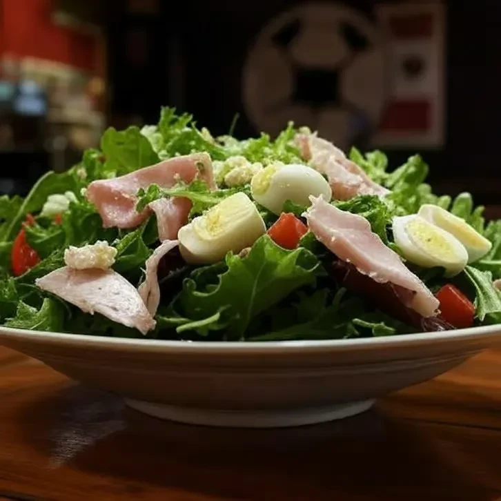 Fresh salad with mixed greens, deli meat, eggs, tomatoes, and cheese.
