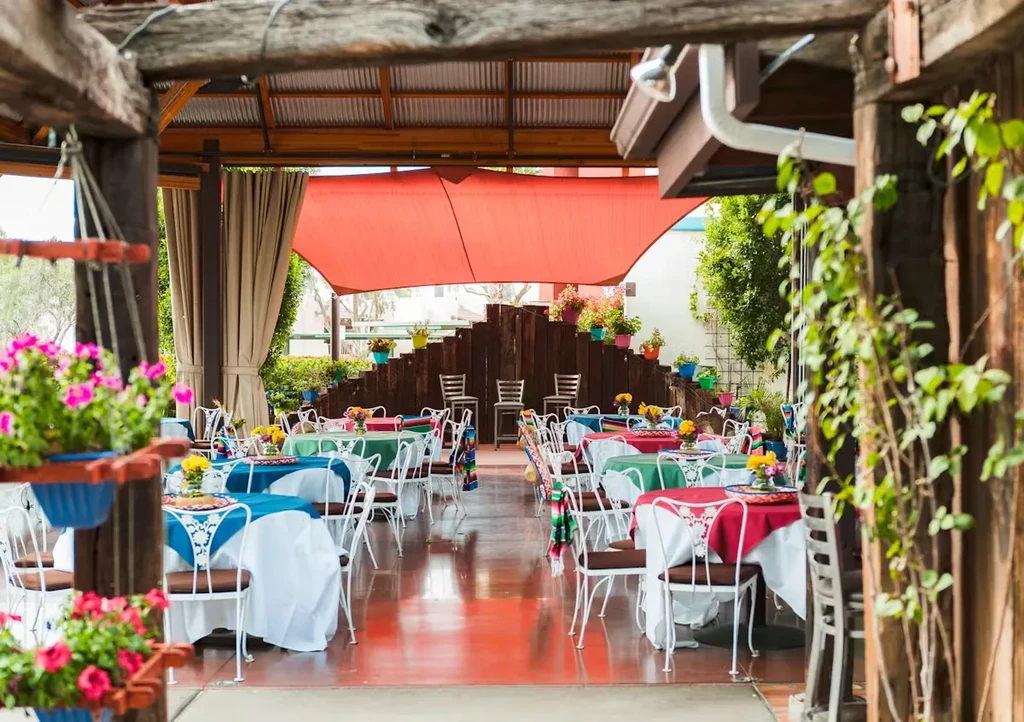 Vibrant outdoor dining patio with colorful tables, plants, and pergola.