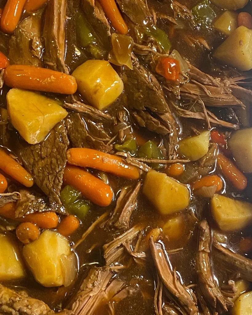 Top-down view: Shredded beef stew with carrots, potatoes, and dark gravy.