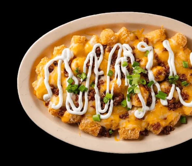 Loaded tater tots with melted cheese, ground meat, sour cream, green onions.