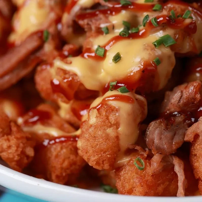 Loaded golden tater tots with cheese sauce, meat, and green onions.