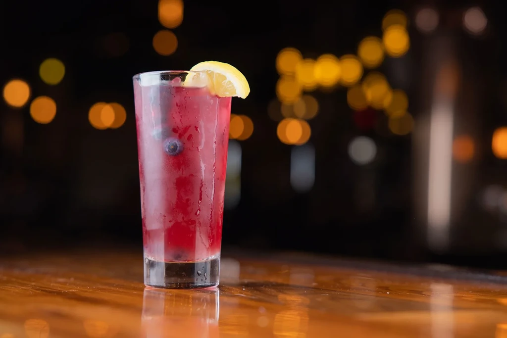 Chilled reddish-purple cocktail with blueberries, ice, and lemon.