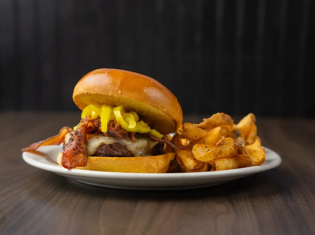 Gourmet burger with bacon, melted cheese, peppers, and seasoned potato wedges.