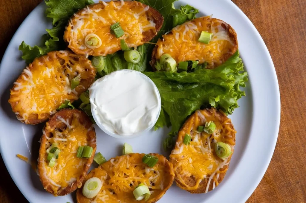Six cheese and onion potato skins on lettuce with sour cream.