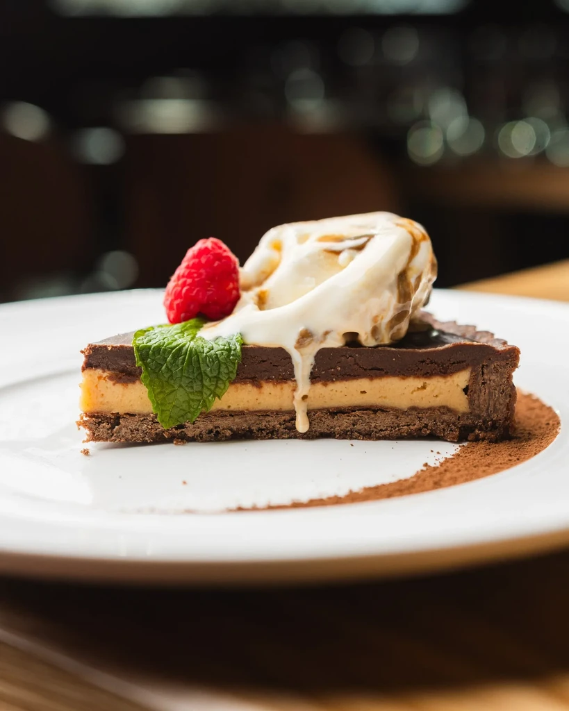 Layered chocolate tart with melting vanilla ice cream, raspberry, and mint.