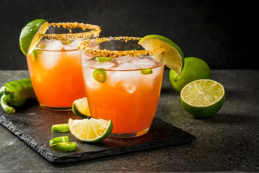 Orange cocktails with jalapeño, lime, and spice on dark slate.