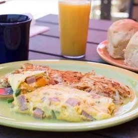 Close-up of omelette, hash browns, and orange juice at outdoor breakfast.