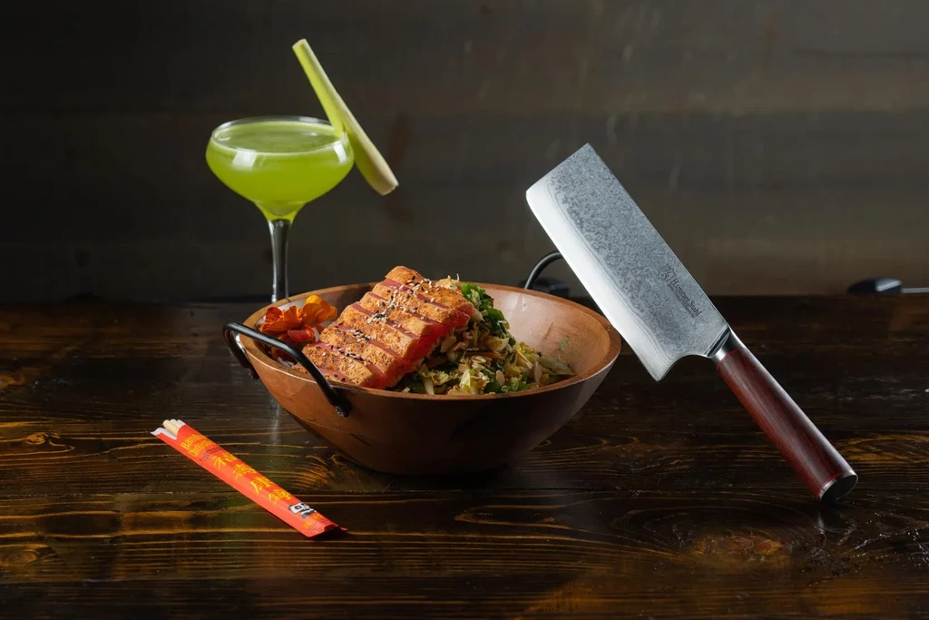Seared fish bowl with sesame, lemongrass cocktail, chef's knife.