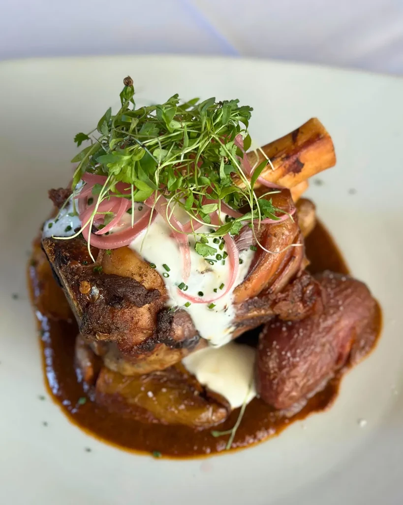 Braised meat shank, rich sauce, creamy topping, microgreens, and potatoes.