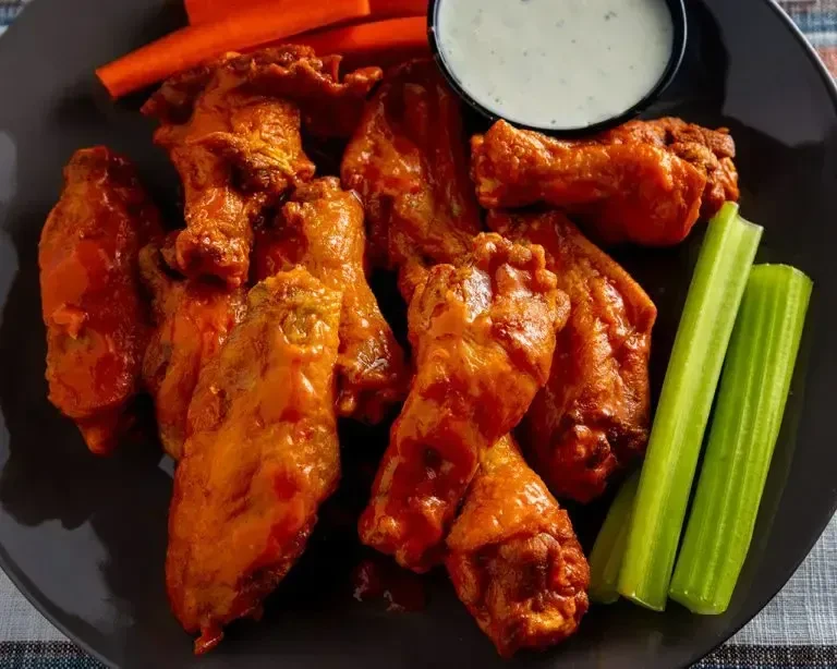Buffalo chicken wings with celery, carrots, and dipping sauce.