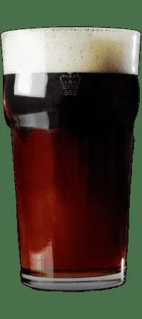 Pint glass of dark ale with thick foam and a 562 logo.