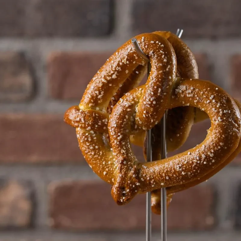 Two salted golden-brown soft pretzels on a stand, blurred brick background.