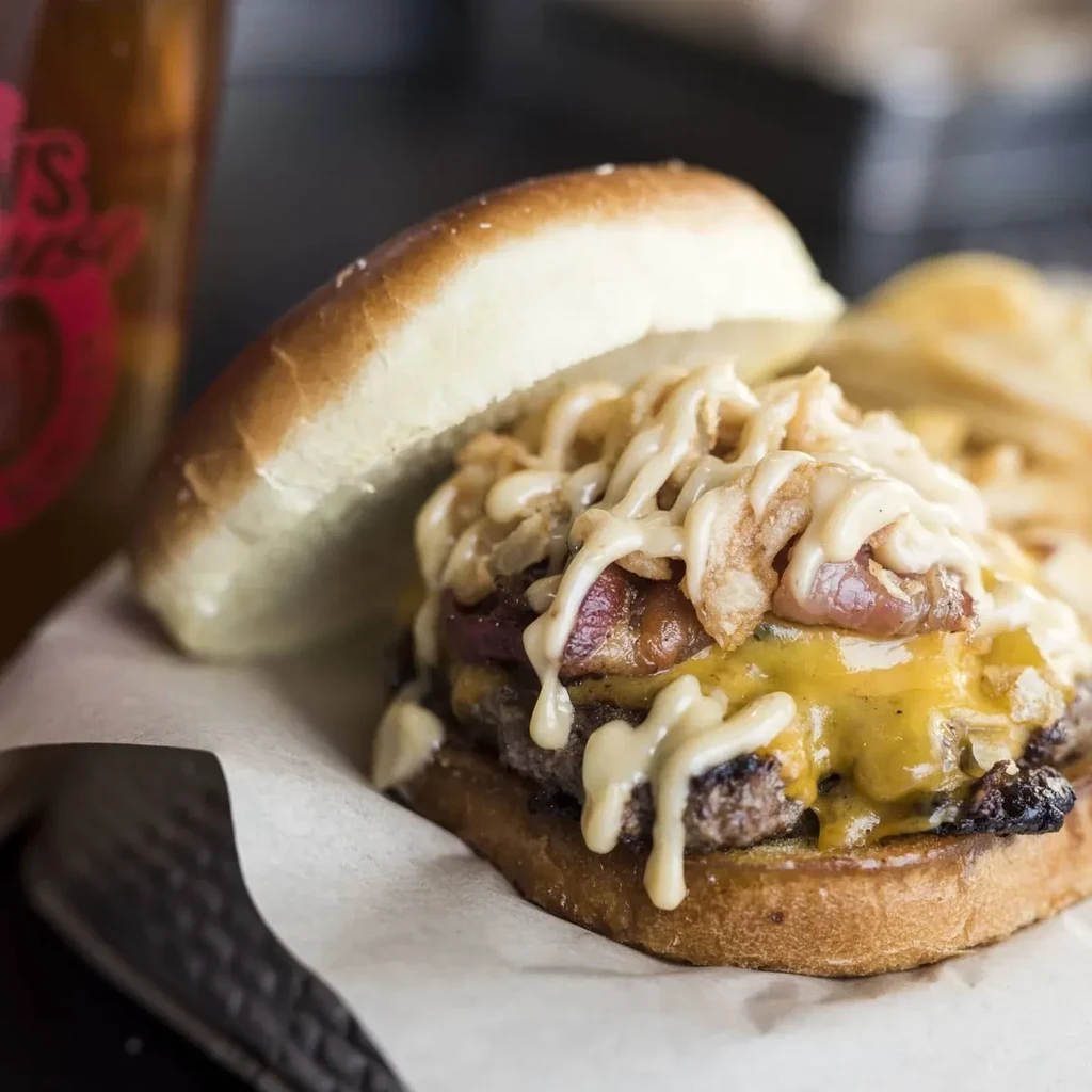 Open-faced gourmet burger with cheese, bacon, caramelized onions, creamy sauce.