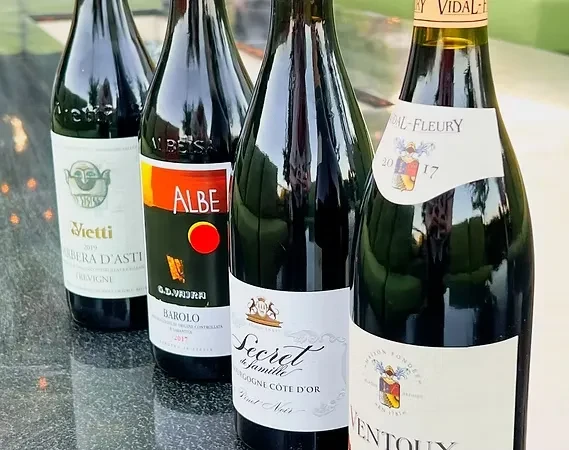 Four dark wine bottles with various labels on a reflective dark surface.