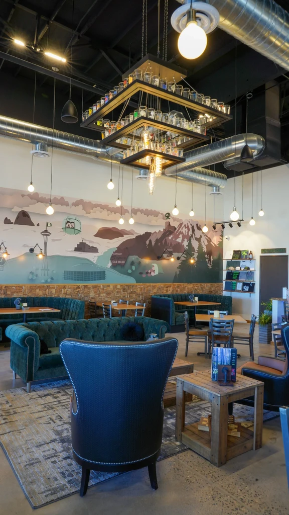 Restaurant interior featuring a colorful mural, unique glass chandelier, and varied seating.