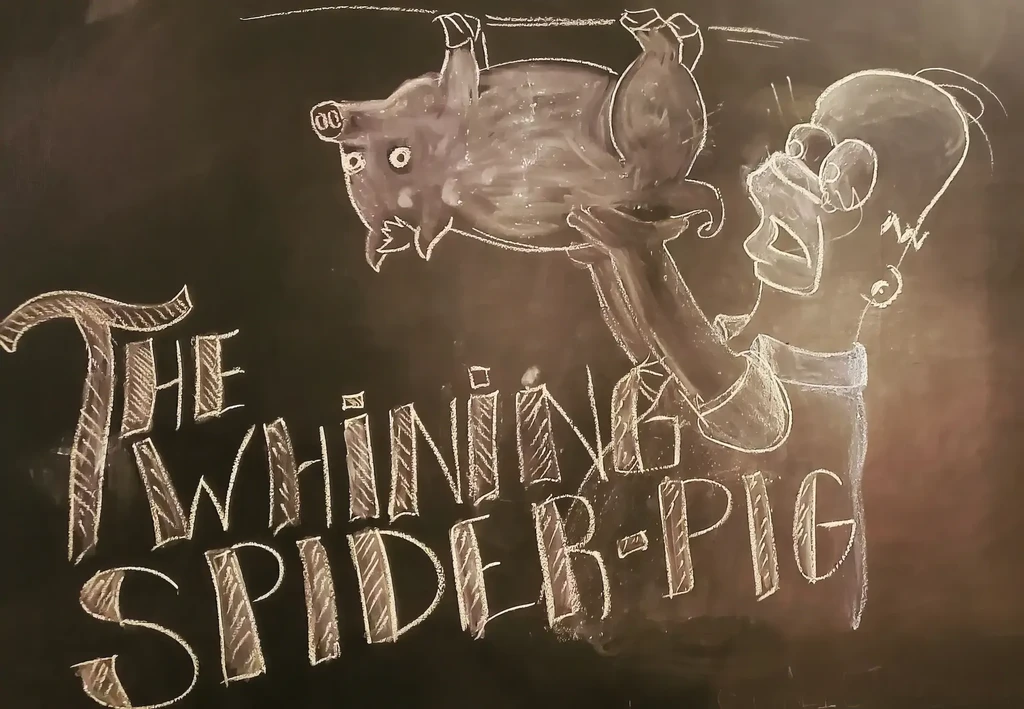 Chalk drawing: Homer Simpson holds an upside-down pig above "THE WHINING SPIDER-PIG".