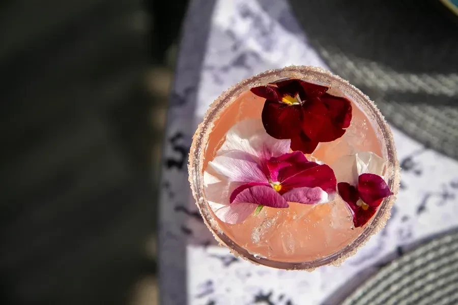 Pink cocktail with ice, edible flowers, and a sugared rim.