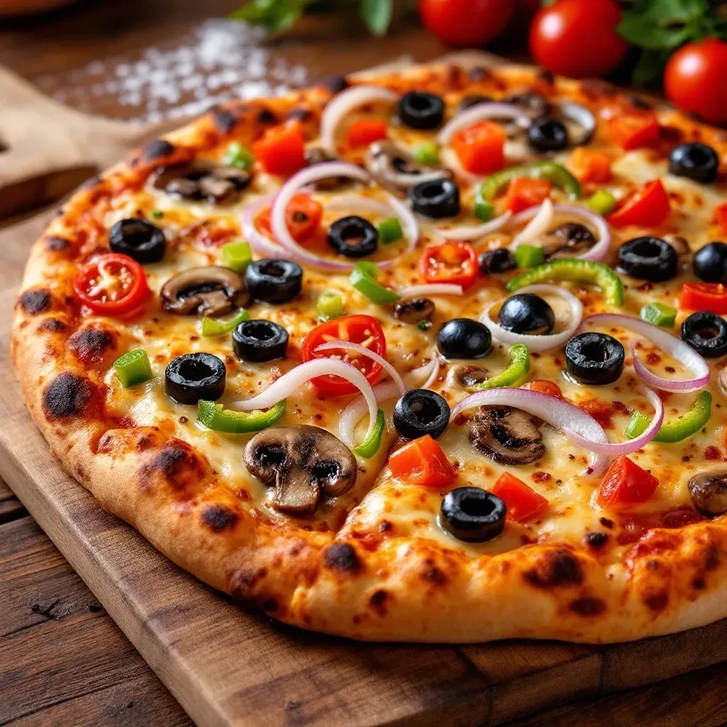 Freshly baked pizza with cheese, olives, tomatoes, bell peppers, and mushrooms.