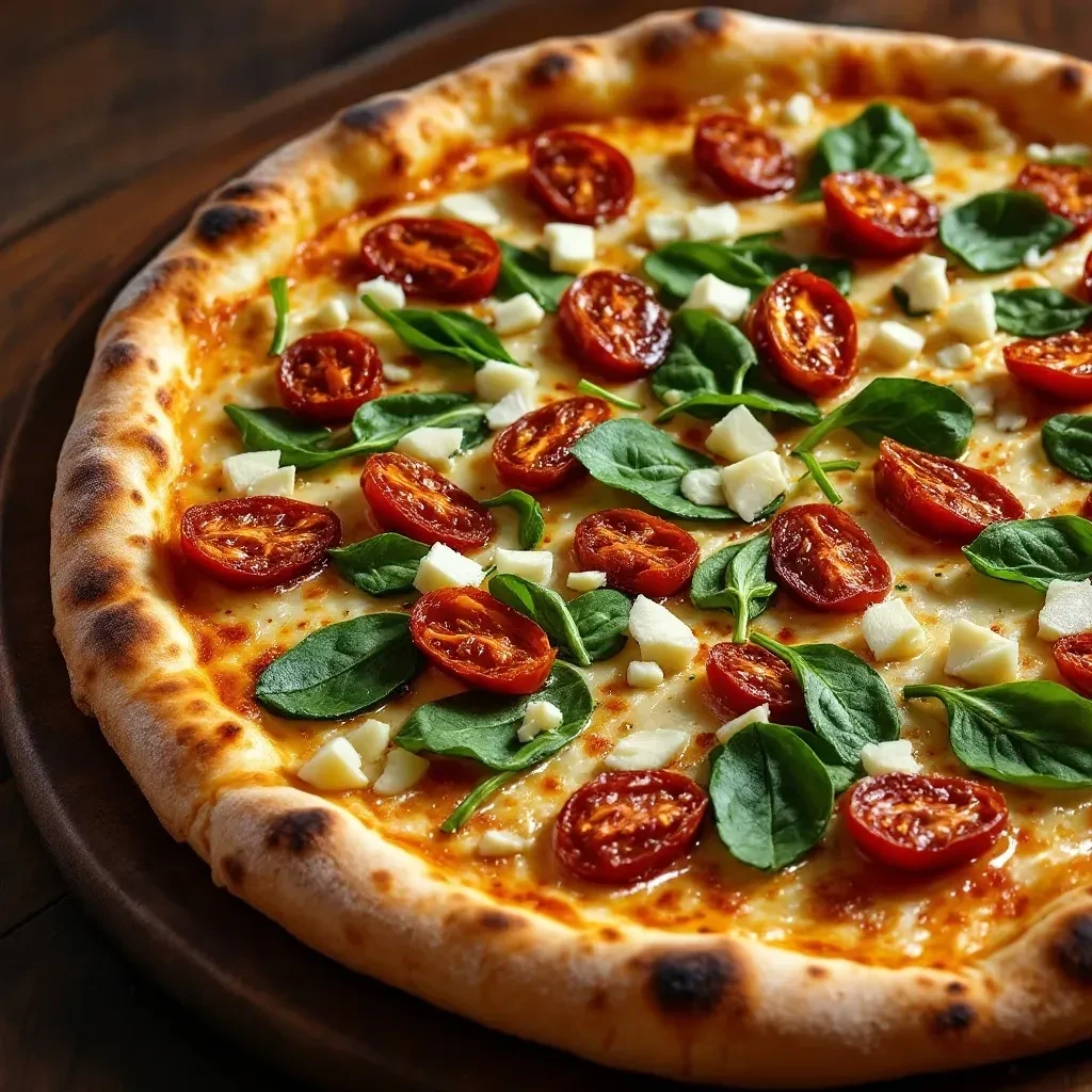 Freshly baked pizza with charred crust, tomatoes, greens, and fresh cheese.