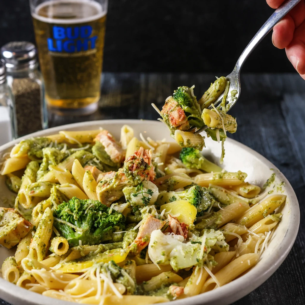 Pesto pasta with chicken, broccoli, cheese, fork lifting portion.