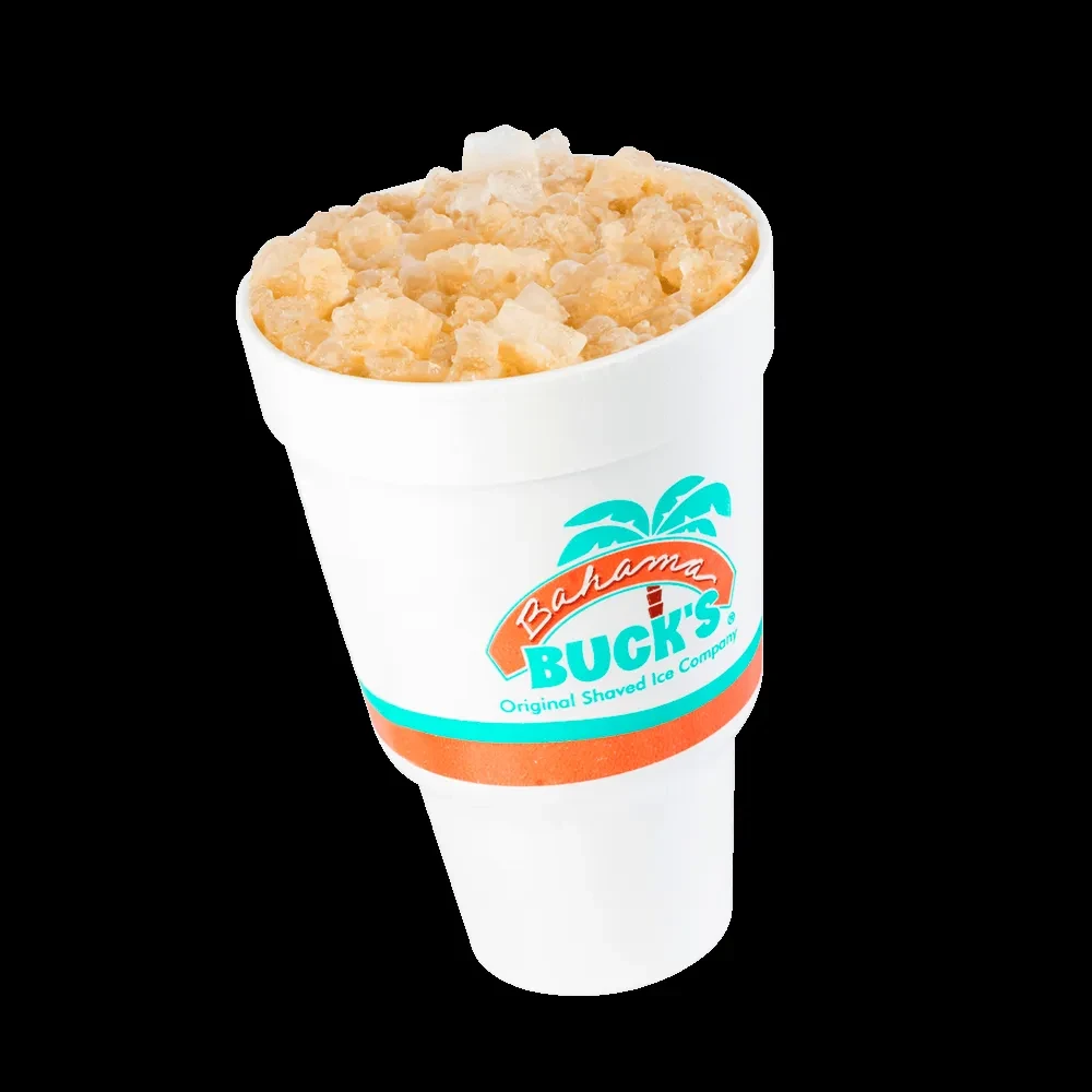 Amber shaved ice in a Bahama Buck's logo cup against black.