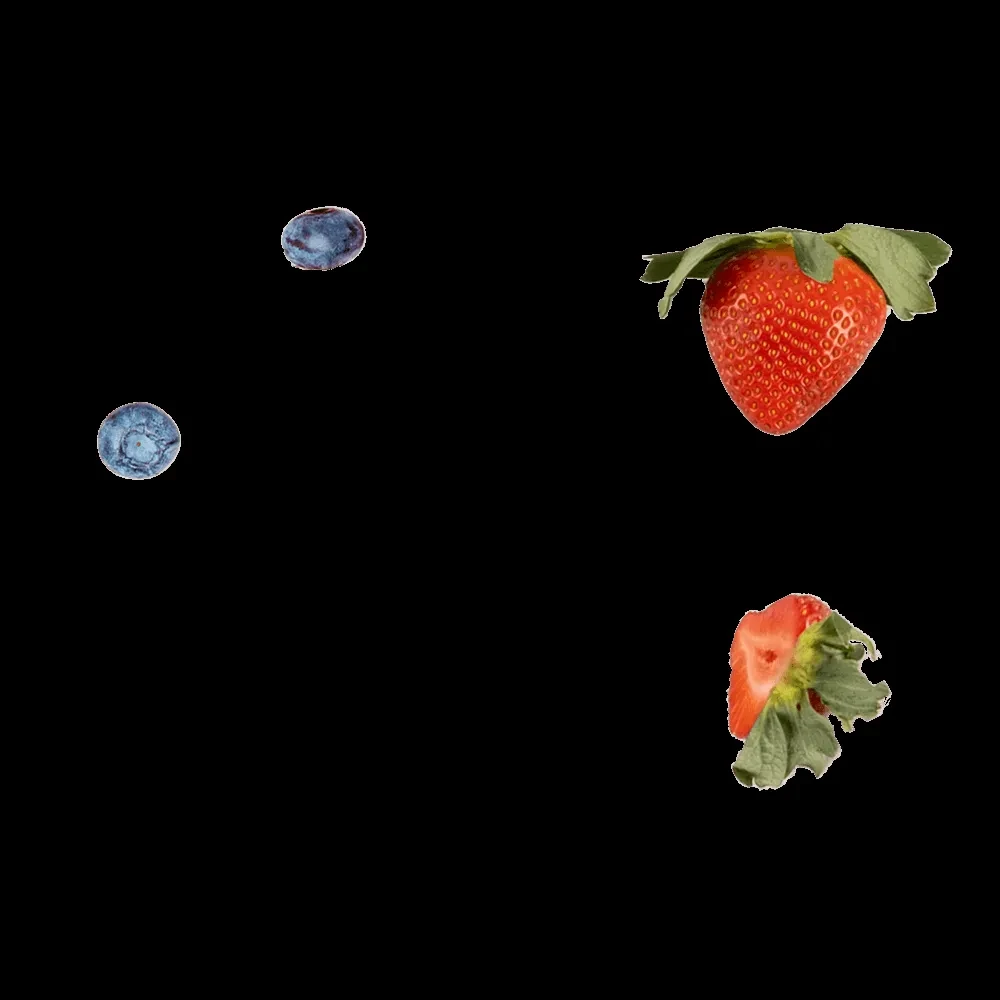 Two blueberries, a whole strawberry, and a half strawberry on black.