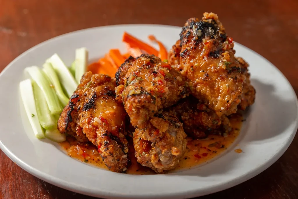 Spicy chicken wings, celery, and carrot sticks on a white plate.