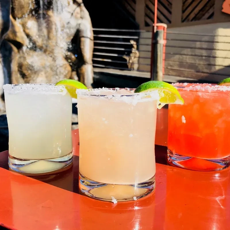 Three colorful cocktails with salt rims and lime wedges.
