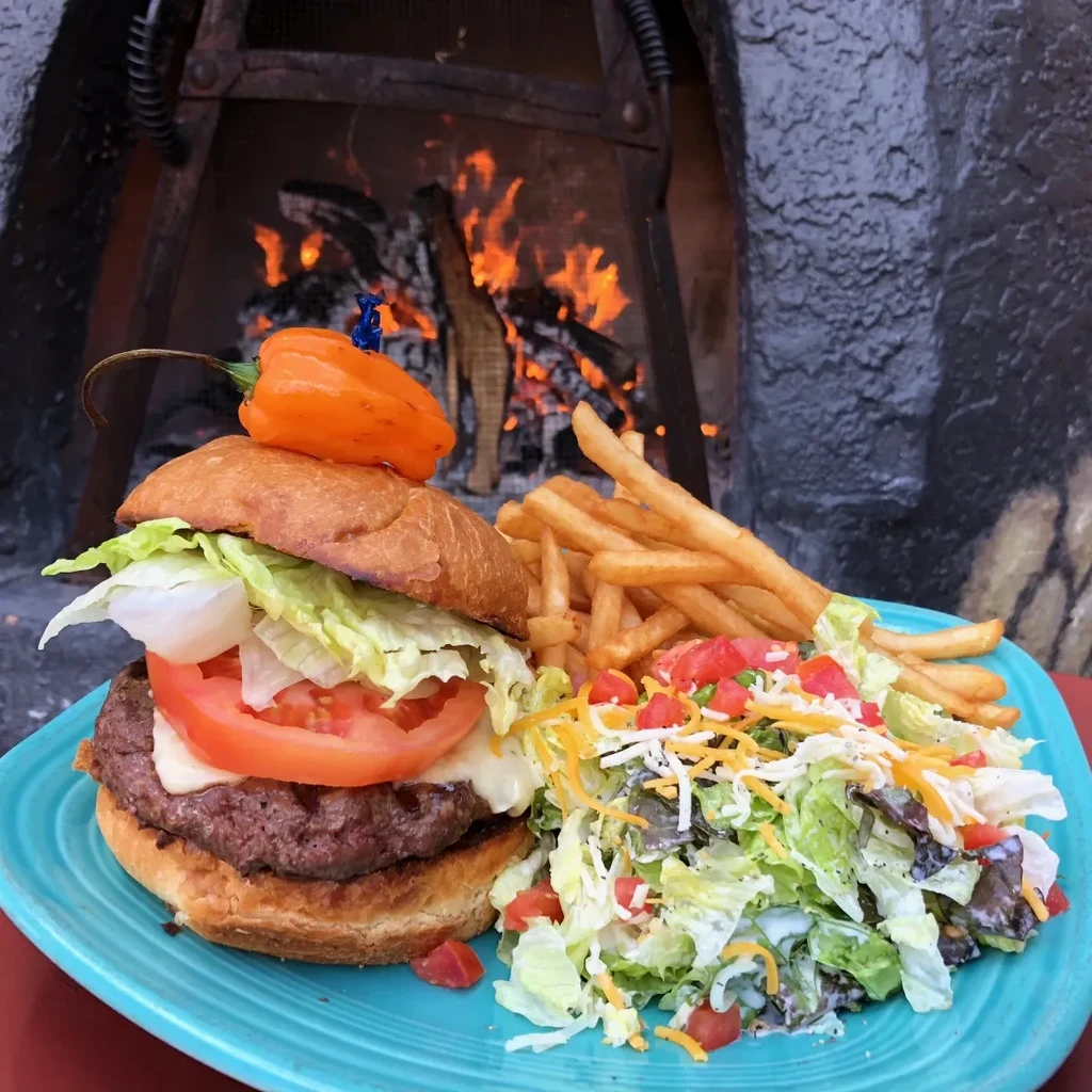 Burger, fries, and salad on a turquoise plate by a stone fireplace.