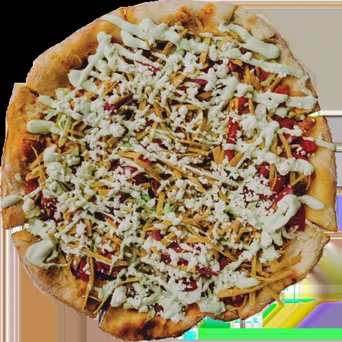 Colorful round pizza topped with crispy strips, cheese, and green sauce.