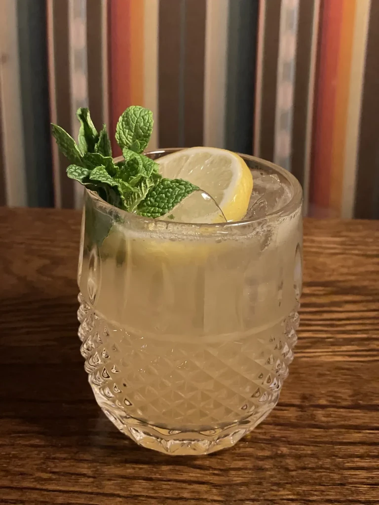 Light drink with mint, lemon, and ice in a faceted glass.
