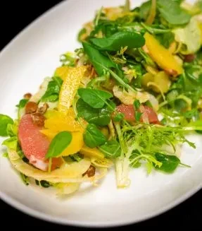 Gourmet salad with mixed greens, grapefruit, orange, and sliced fennel.
