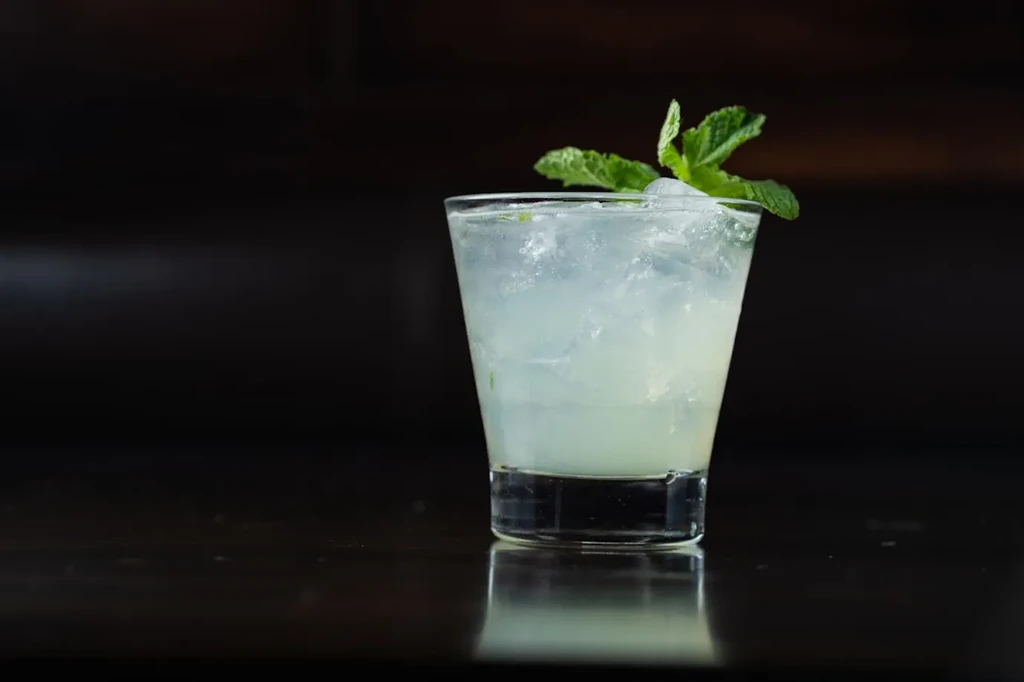 Greenish-white cocktail with crushed ice and mint in a dark setting.