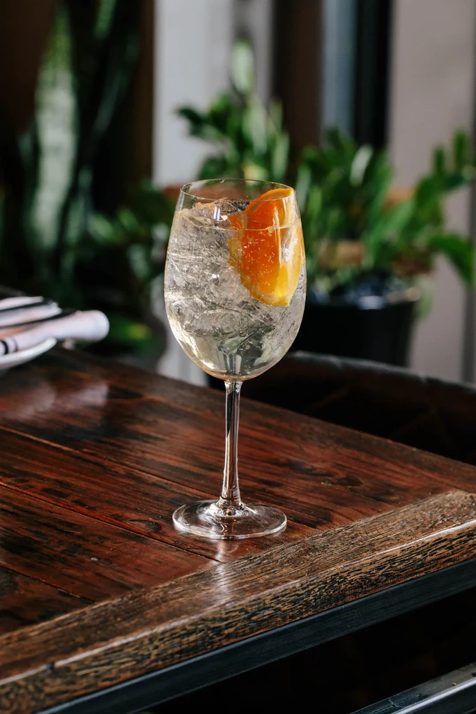 Clear drink in stemmed glass with ice, orange slice on wood.