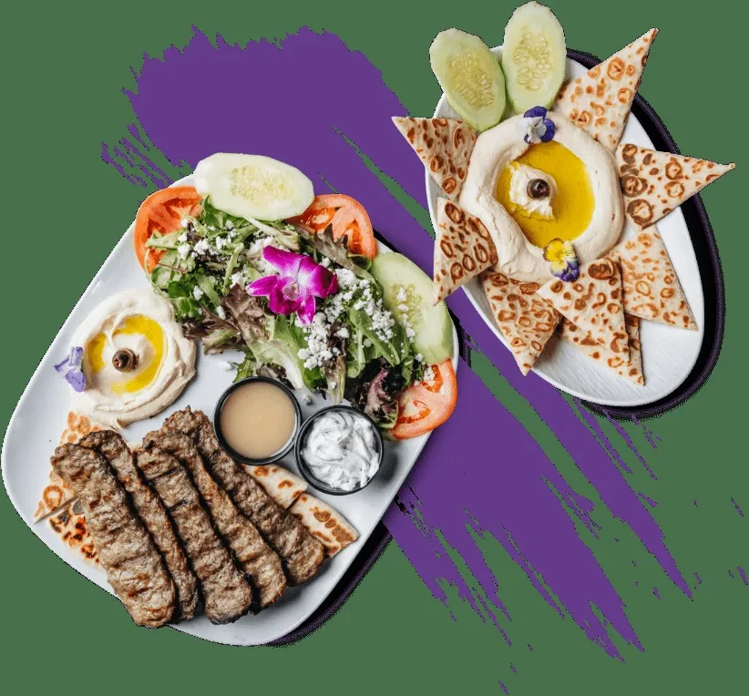 Two plates of vibrant Mediterranean food with grilled meat and hummus.