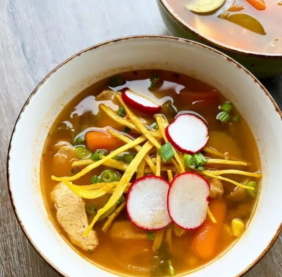 Two bowls of amber chicken soup garnished with tortilla strips and radish.