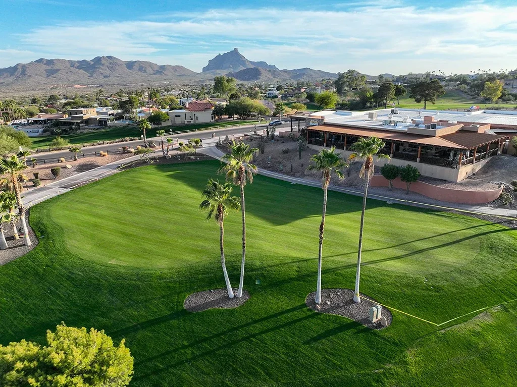 Aerial view: Vibrant golf course, clubhouse, palm trees, desert mountains.