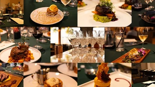 Collage of high-end restaurant dishes, drinks, and elegant settings.