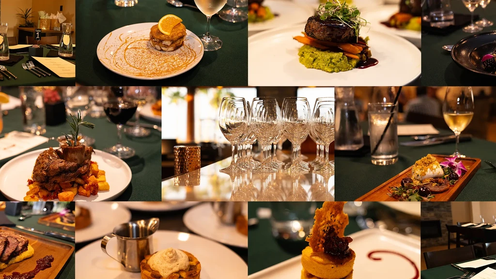 Collage of fine dining food, elegant drinks, and upscale restaurant ambiance.